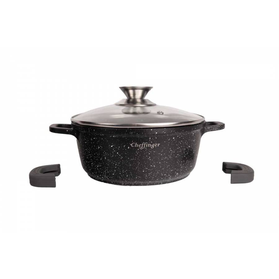 Set de 3 Oale cu Capac, Diametru 32/36/40 cm, Inductie, Interior Marmorat, Manere din Silicon, Capac, Negru