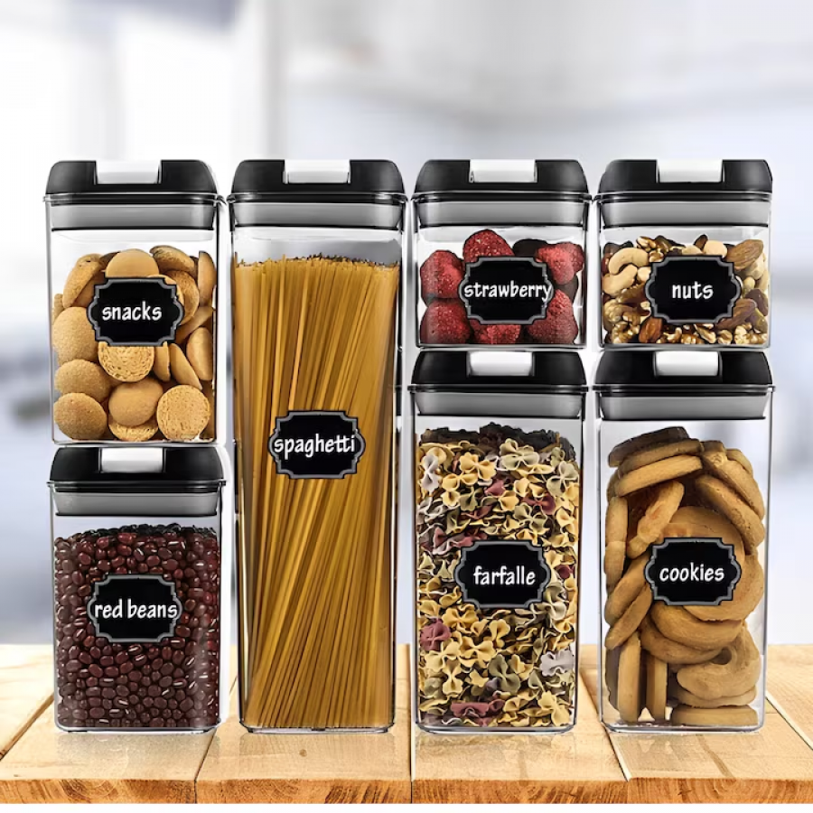 Set 7 recipiente depozitare alimentara din plastic, inchidere etansa– Negru & Transparent