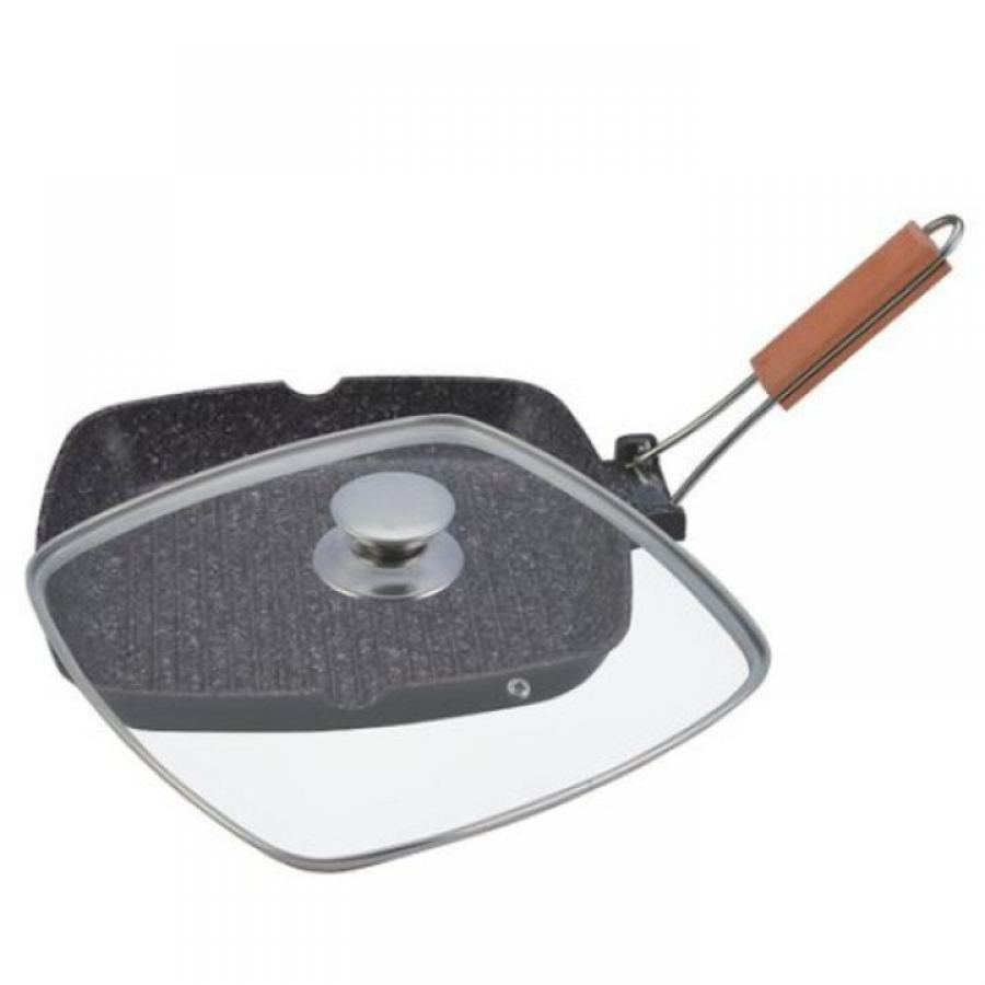 Tigaie Grill Aluminiu Cu Interior Din Granit, Cu Capac Din Sticla + Set Cutite 3 Piese