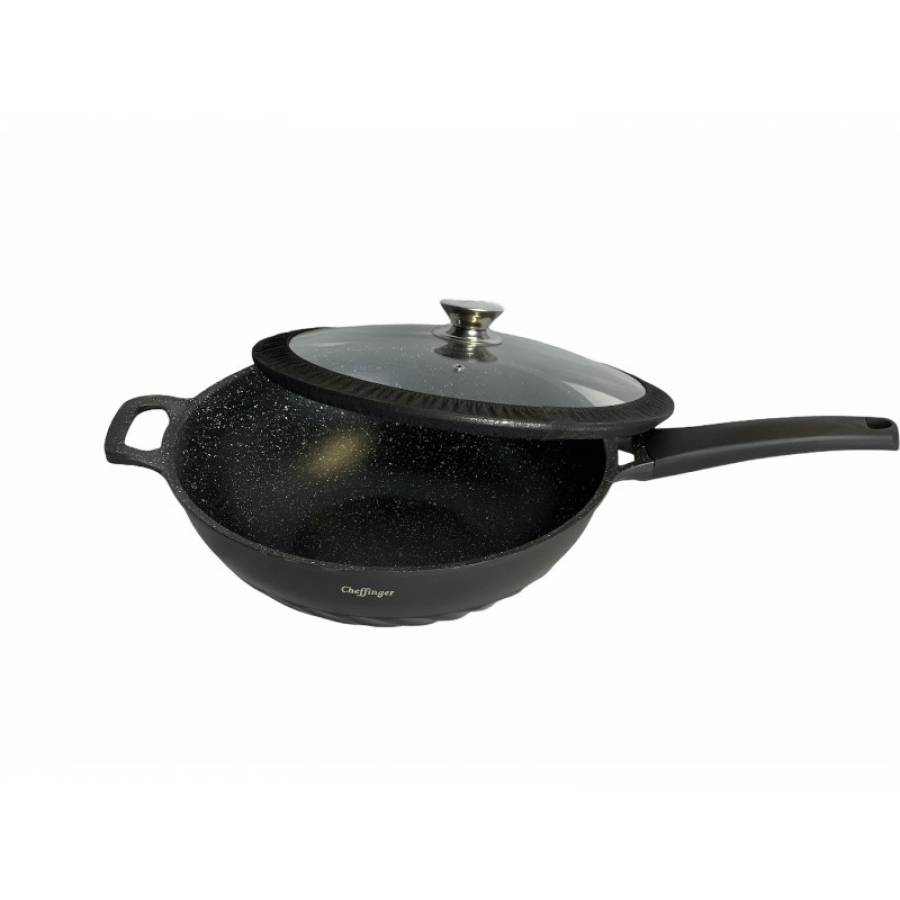 Tigaie Wok, Diametru 32 cm, Suporta Inductie, Capac din Sticla Securizata, Maner Ergonomic, Negru