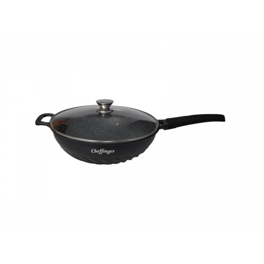 Tigaie Wok, Diametru 32 cm, Suporta Inductie, Capac din Sticla Securizata, Maner Ergonomic, Negru