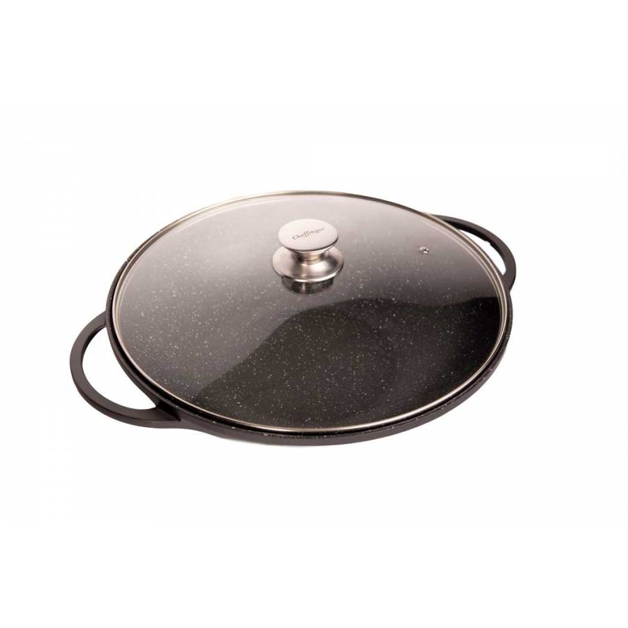 Tigaie Wok, Diametru 36 cm, Suporta Inductie, Capac din Sticla Securizata, Negru