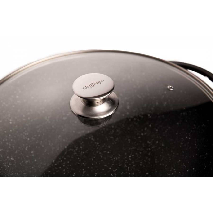 Tigaie Wok, Diametru 36 cm, Suporta Inductie, Capac din Sticla Securizata, Negru