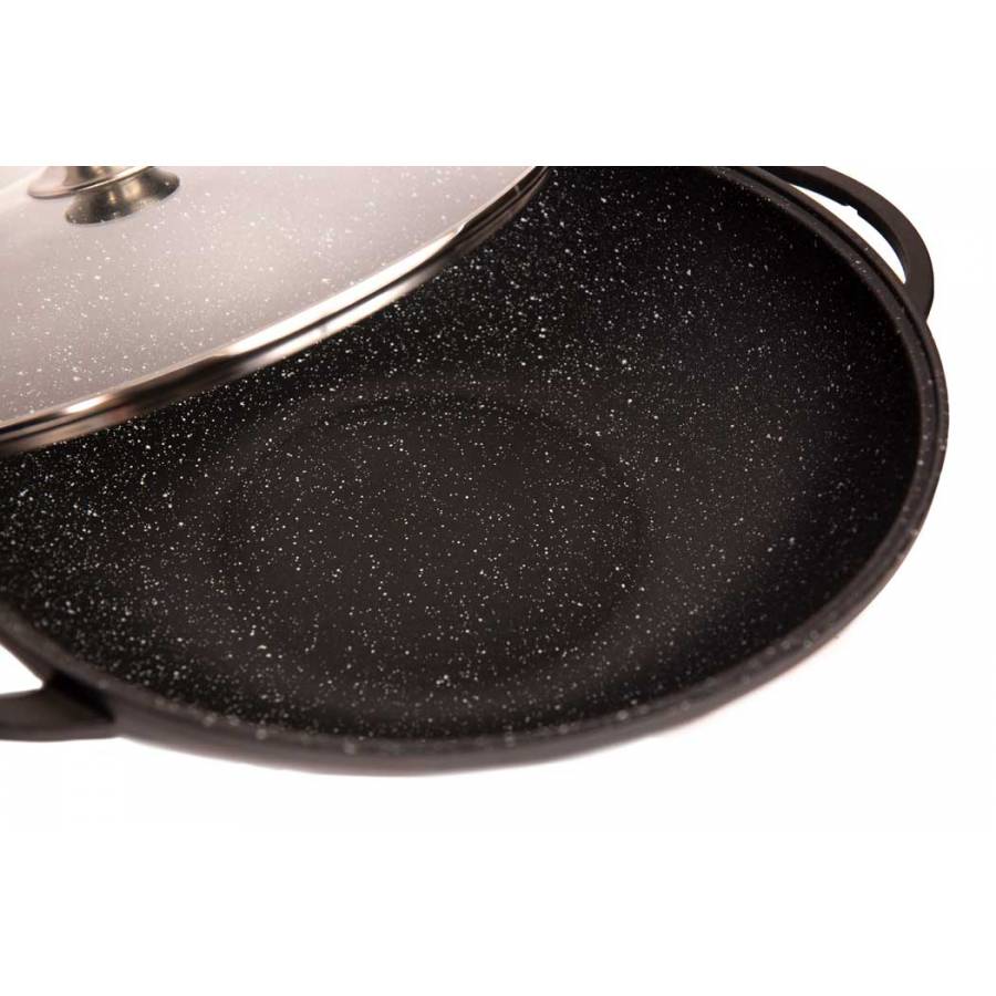 Tigaie Wok, Diametru 36 cm, Suporta Inductie, Capac din Sticla Securizata, Negru