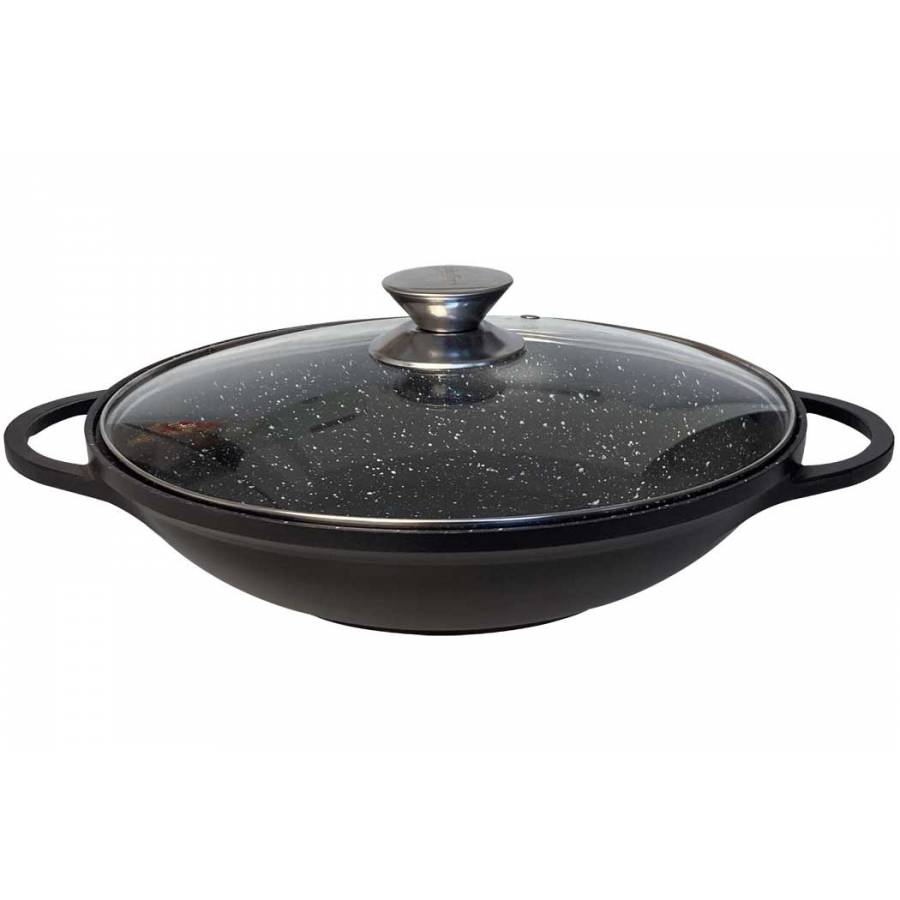 Tigaie Wok, Diametru 36 cm, Suporta Inductie, Capac din Sticla Securizata, Negru