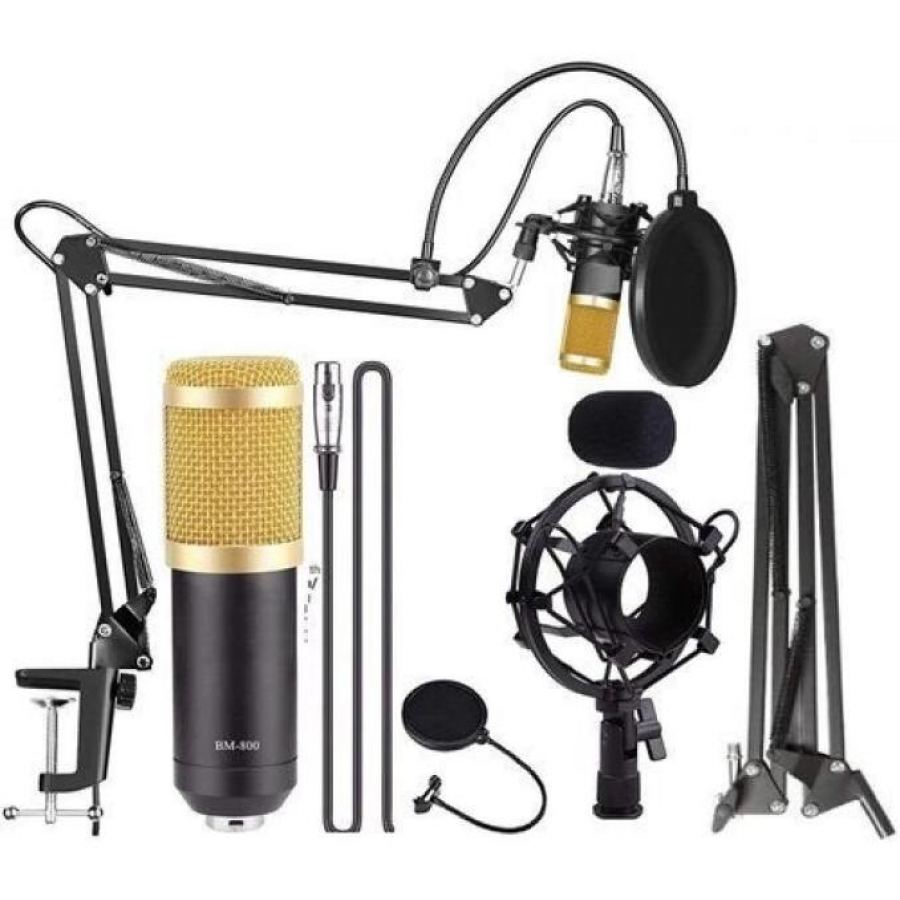 Microfon Profesional de Studio Condenser cu stand inclus pentru Inregistrare Vocala, Streaming, Gaming, Karaoke, Gold