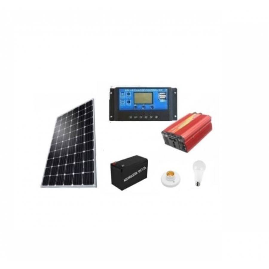 Kit solar cu panou fotovoltaic KlaussTech 100W, Invertor 220V, Controller 20A, Acumulator 12v-7Ah