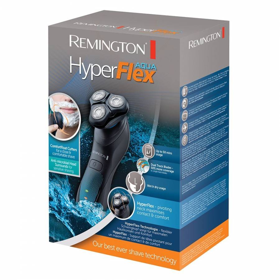 Aparat De Ras Cu Capete Rotative Remington Hyperflex Aqua, Lame Dual Track, Cutite Precision Ultra, Cutite Comfortfloat, 100% Rezistent La Apa, Design Ergonomic Si Modern , Negru/albastru