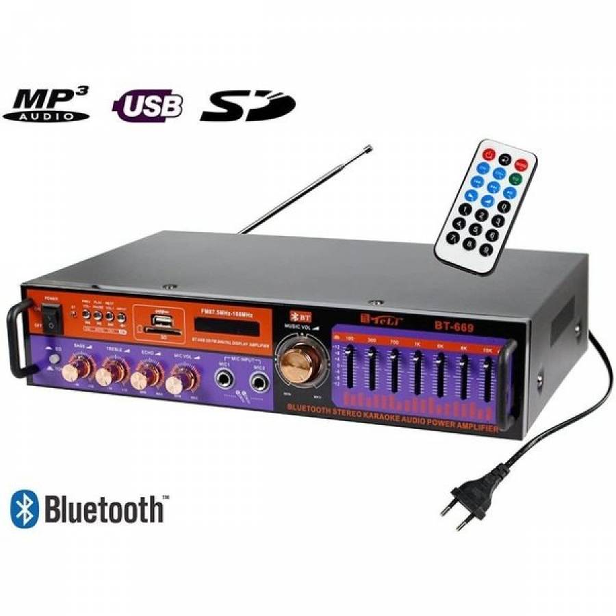 Amplificator Audio Profesional Klausstech Cu Tehnologie Bluetooth, Putere 2 X 40 W, Ajustare Bass/inalte/ecou/volum, Intrare Card Sd, 1 X Aux In, Radio Fm, Negru