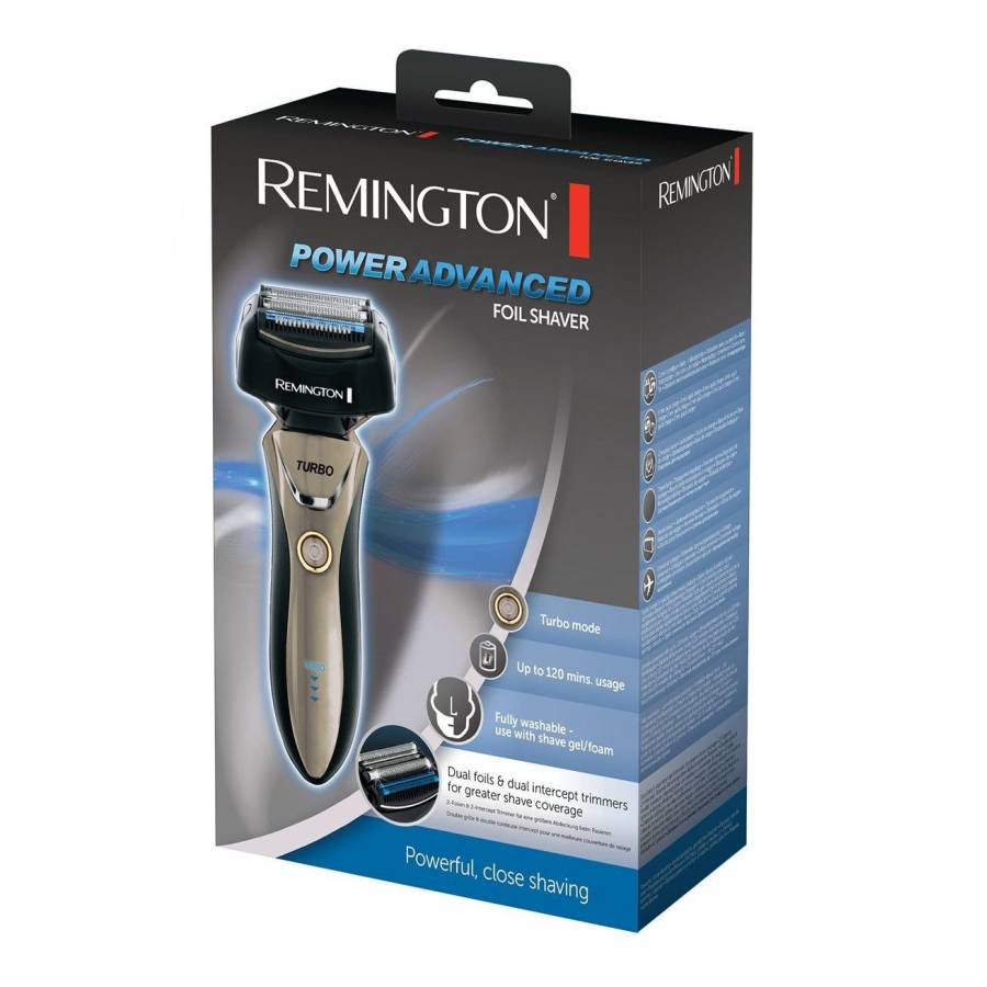Aparat De Ras Remington Power Advanced, Functie Turbo, Acumulator Litiu, Lavabil Complet, Trimmer De Interceptare Ajustabil, Capat Pivotant Fixabil, Indicator Led In 3 Stadii, Auriu/negru