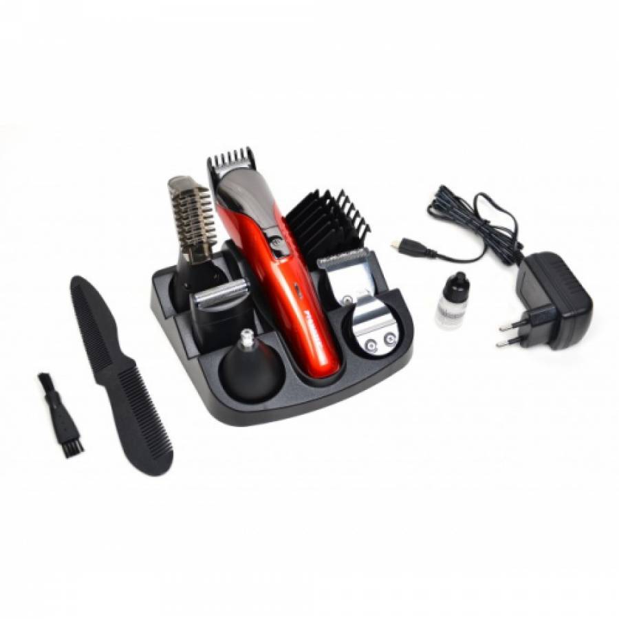 Aparat De Tuns, 11in1, Motor Puternic, Modern, Lame Din Titanium Ce Se Ascut Singure, Reincarcabil, Sunet Redus, Rosu/Argintiu