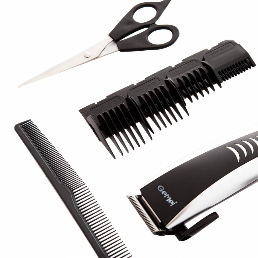 Aparat De Tuns Profesional Gemei , Electric Cu Cablu, Foarfeca Inclusa , Tip  3-1 , Putere De 12 W, Lame Din Otel Inoxidabil , Stabilitate Sporita ,  Ajustari Pe 4 Marimi De Tuns , Buton On/off , Argintiu-negru