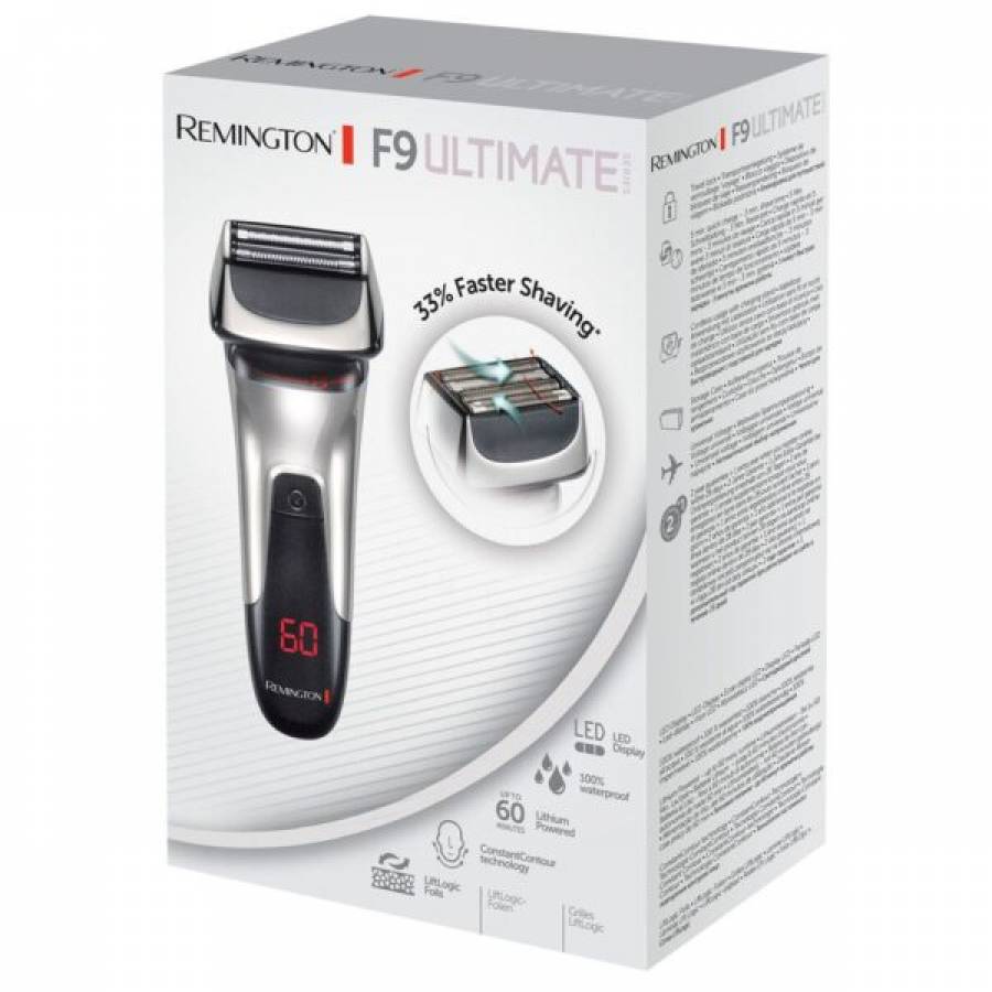 Aparat Electric De Ras Remington Ultimate Series F9, Functie Ecran Led, 100% Rezistent La Apa, Site Liftlogic, Triimer De Interceptare Hibrid, Gri/Negru