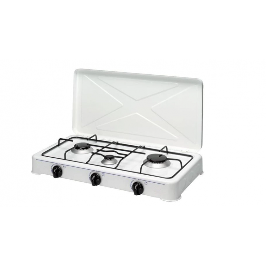 Aragaz Cu 3 Ochi , Tip Plita, Cu Capac, Tabla Emailata, Robinet De Gaz Cu Siguranta, 2300w/1600w/900w, Consum 0,380 Kg/h, 30 Mbar, Alb