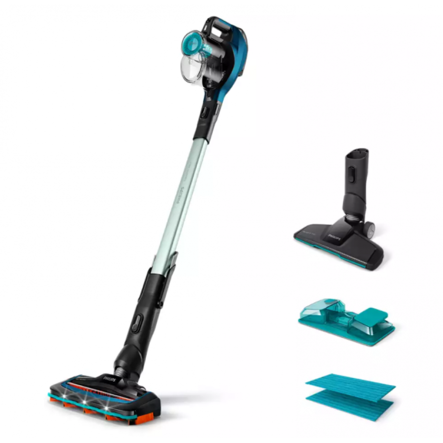 Aspirator Philips 3 In 1 Vertical Fara Fir Cu Tehnologie Speedpro , Cap De Aspirare 180°, Functie Mop, Led-uri Incluse, Flux Aer La 800  L/min, Autonomie 50 Min, Negru/albastru