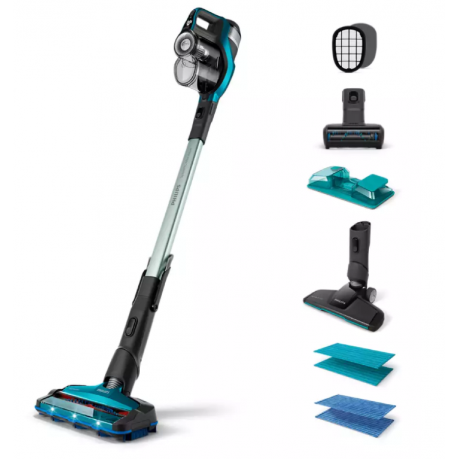 Aspirator Philips 3 In 1 Vertical Speedpro Aqua, Utilizare Fara Fir, Cap De Aspirare La 360°, Cap De Aspirare Turbopet, Mod Mop, Nivel De Zgomot 84  Db, Tensiune Baterie 25,2 V, Negru/albastru