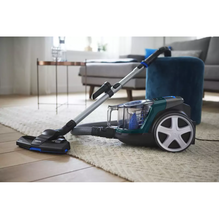 Aspirator Philips Compact Fara Sac, Powercyclone 5, Filtru Antialergic H13, Perie Turbo, 900 W, Flux De Aer 27,8  L/s, Capacitate Praf 1.5 L, Cap De Aspirare Triactive, Albastru