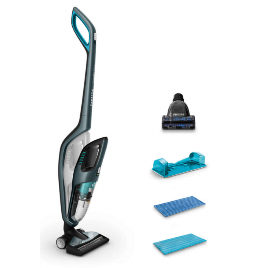 Aspirator Philips Vertical Powerpro Aqua Vertical, Reincarcabil, Fara Fir, 3 In 1, Mini Perie Turbo, 0.6 L, Aspirare Triactive, Acumulator Li-ion, Autonomie 60 M, Albastru