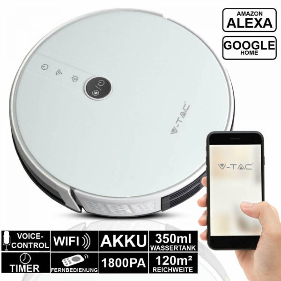 Aspirator Smart Robot V-tac, Compatibil Android, Ios, Alexa, Google, Filtru Hepa Integrat, Wi-fi, Telecomanda Inclusa, Senzori Anti-cadere/anti-coliziune, Acumulator Reincarcabil, Design Modern, Alb