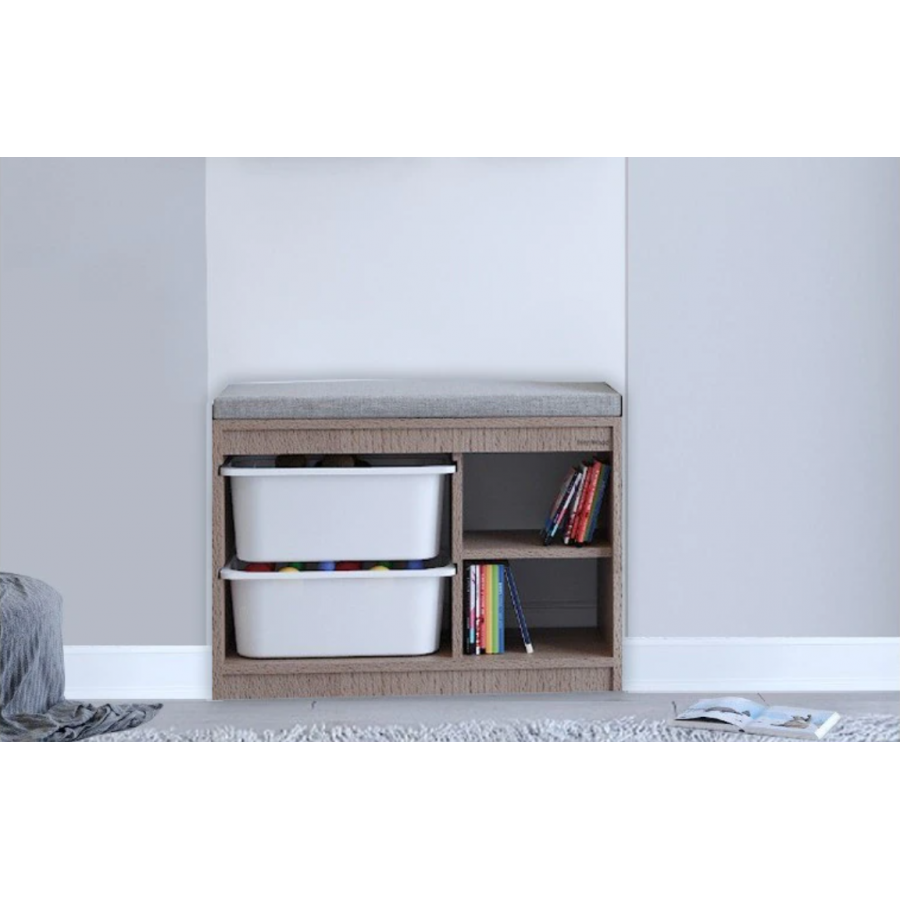 Bancheta Klausstech Din Lemn Cu 2 Rafturi, 2 Sertare Din Plastic Incluse, Dimensiuni 43 X 25 X 66.50 Cm, Curatare Usoara, Culoare Maro/gri