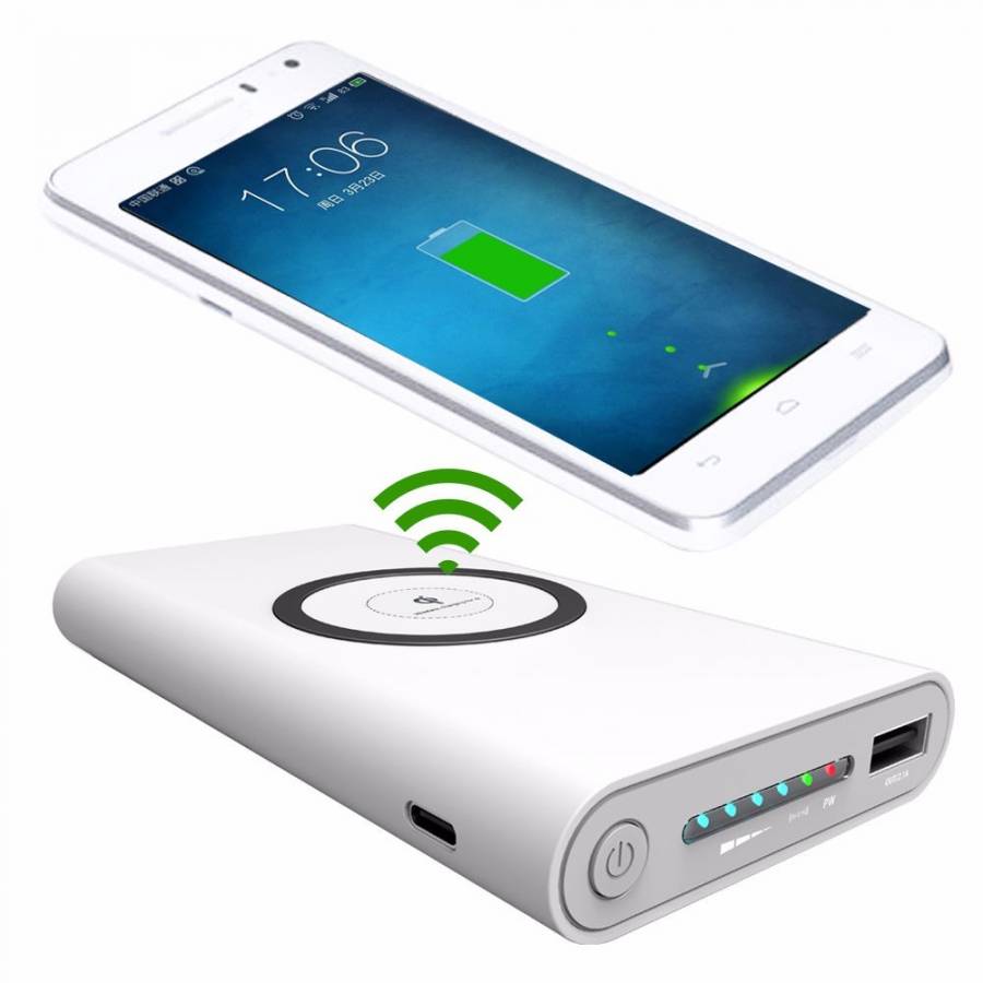 Baterie Externa 10.000 Mah , Qi- Compatibile , Cu Functie De Incarcare Wireless 5v-1a Si Usb 5v-2,1a