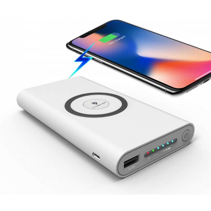 Baterie Externa 10.000 Mah , Qi- Compatibile , Cu Functie De Incarcare Wireless 5v-1a Si Usb 5v-2,1a