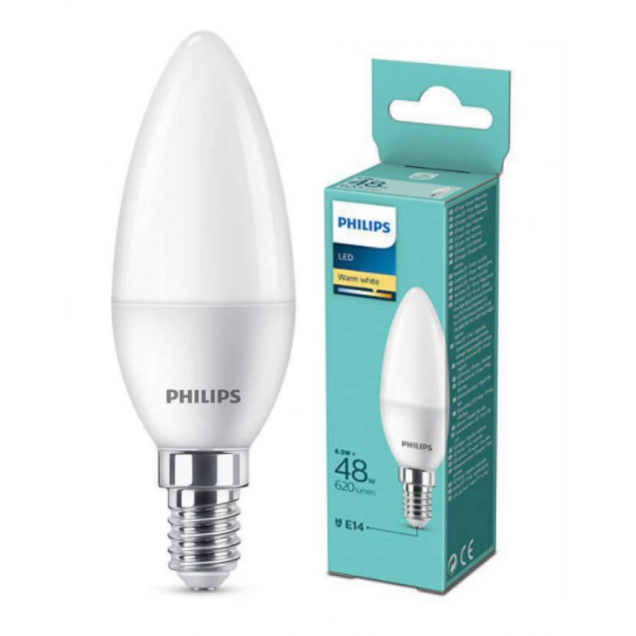 Bec Led E14 Design Lumanare, Philips, Iluminare Alb Cald, Putere 6,5 W (48w), A+, Flux Luminos 620 Lm, 4000 K, Autonomie 10000 Ore, Culoare Alb