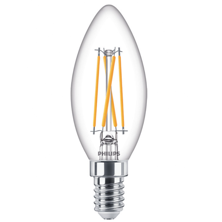 Bec Led Philips 4,5 W – 40 W, Lumina Calda, Lumanare, Reglare Intensitate Luminoasa, E14, 470 Lm, 2200 - 2700 K, 15000 H, 230v, Transparent