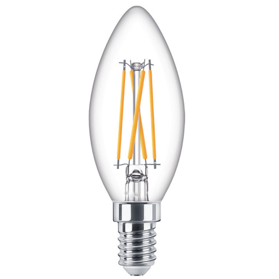 Bec Led Philips 4,5 W – 40 W, Lumina Calda, Lumanare, Reglare Intensitate Luminoasa, E14, 470 Lm, 2200 - 2700 K, 15000 H, 230v, Transparent