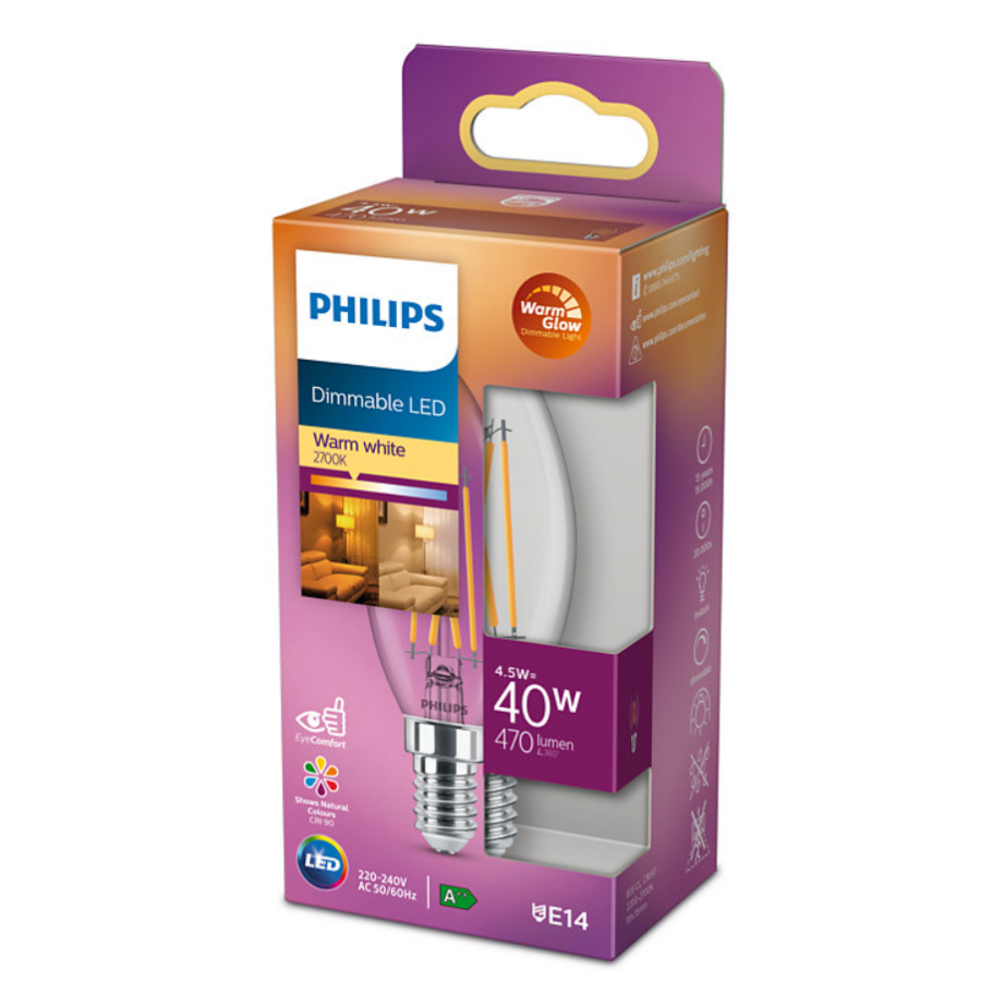 Bec Led Philips 4,5 W – 40 W, Lumina Calda, Lumanare, Reglare Intensitate Luminoasa, E14, 470 Lm, 2200 - 2700 K, 15000 H, 230v, Transparent