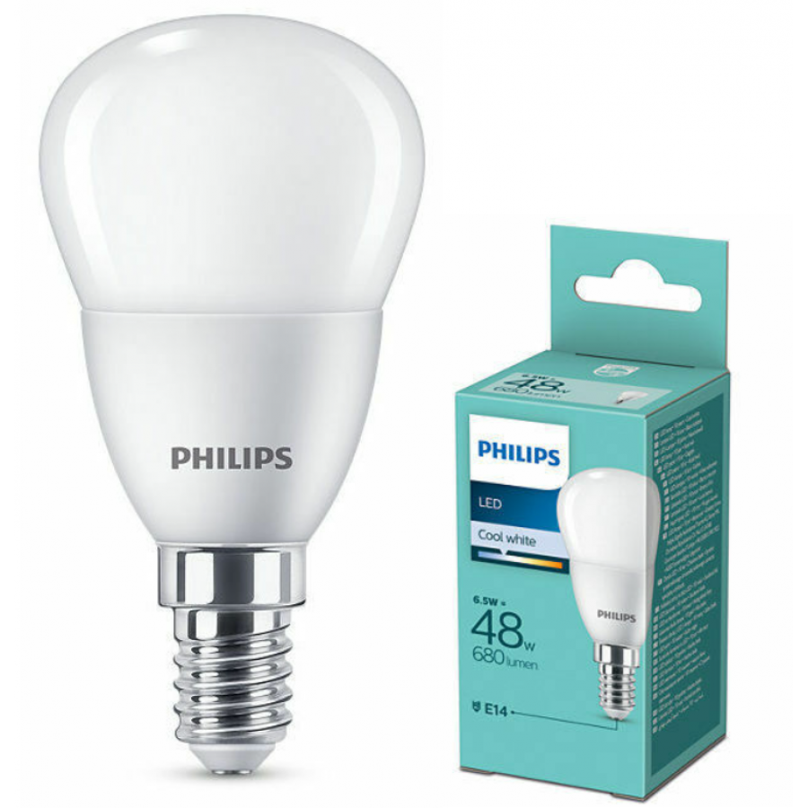 Bec Led Philips Alb Rece, Tip Soclu E14, Putere 6.5 W (48w), Flux 680 Lm, 15000 Ore, 4500 K, Forma Lustra, Compact, Culoare Alb