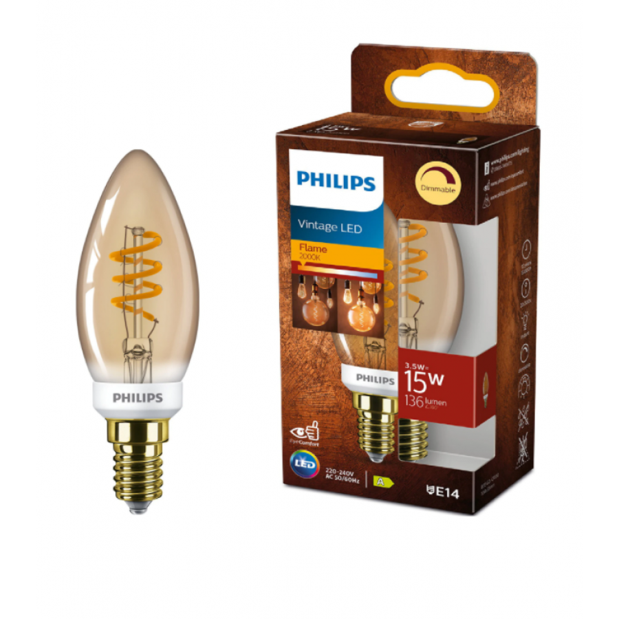 Bec Led Philips  Design Lumanare Cu  Intensitate Reglabila, 3,5 W – 15 W, Lumina Flacara, Soclu E14, 2000  K, 136  Lm, Autonomie 15000 H, Transparent