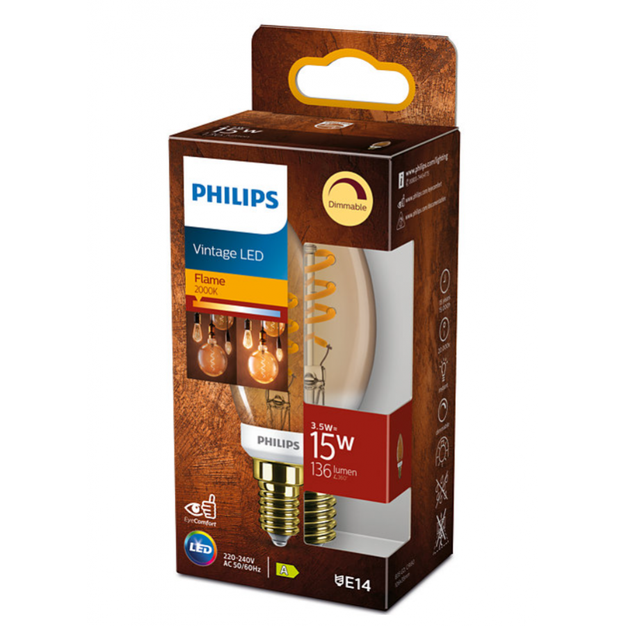 Bec Led Philips  Design Lumanare Cu  Intensitate Reglabila, 3,5 W – 15 W, Lumina Flacara, Soclu E14, 2000  K, 136  Lm, Autonomie 15000 H, Transparent