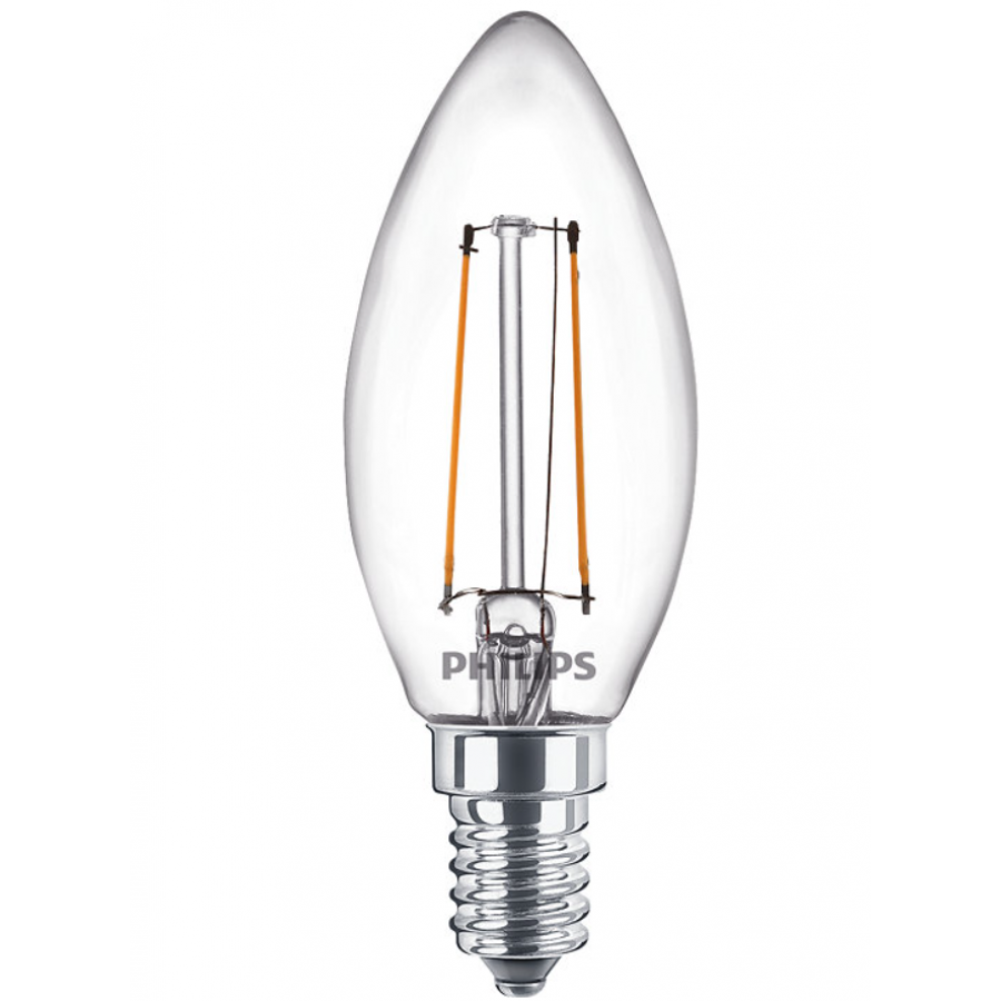 Bec Led Philips Putere 2w (25w) E14, Lumina Calda, 250 Lm, 15000 Ore, Temperatura 2700 K, Forma Bec Lumanare, Compact, Transparent