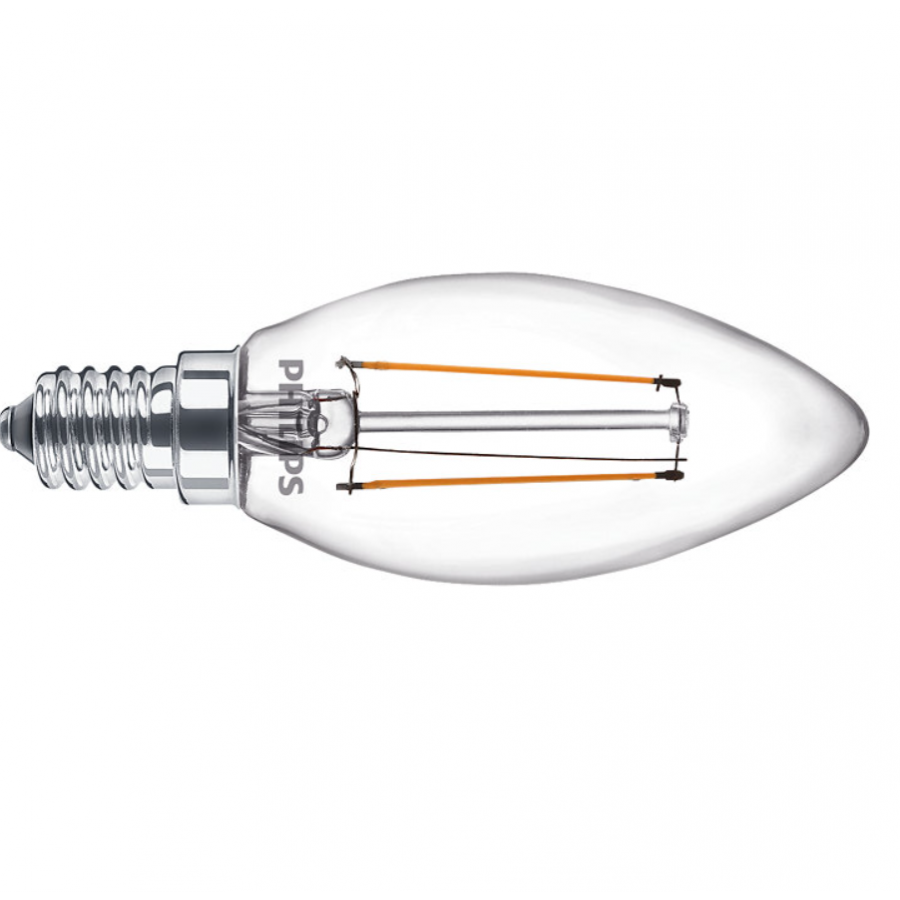 Bec Led Philips Putere 2w (25w) E14, Lumina Calda, 250 Lm, 15000 Ore, Temperatura 2700 K, Forma Bec Lumanare, Compact, Transparent