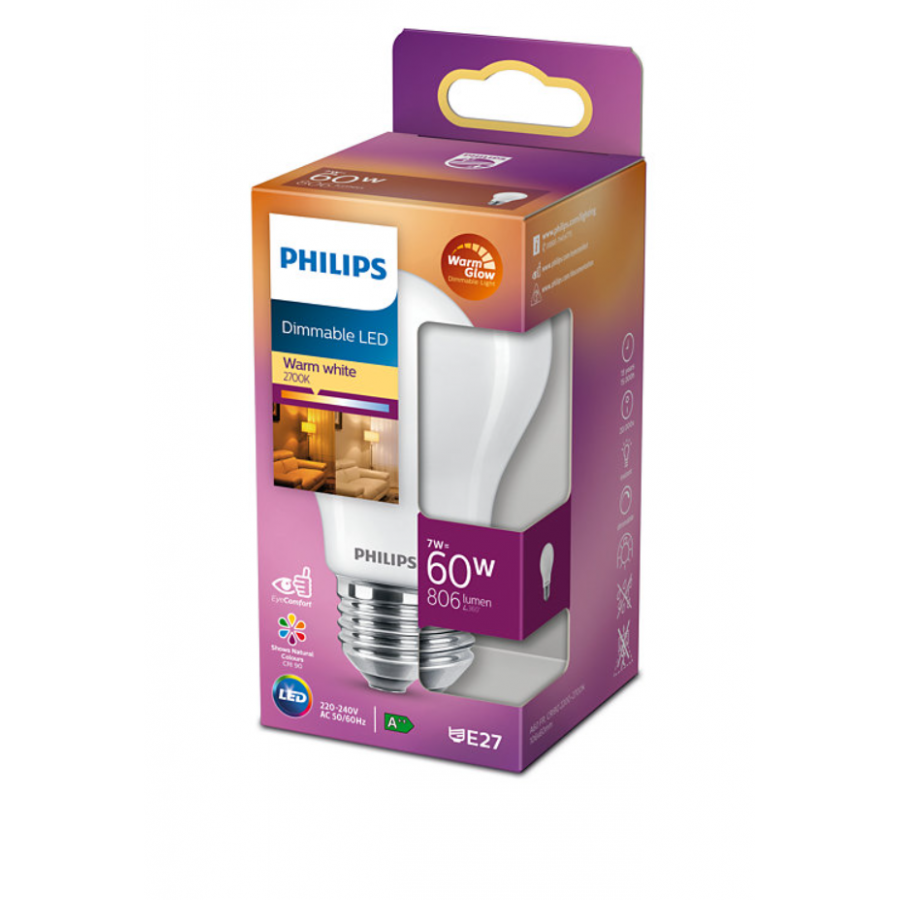 Bec Led Philips Putere Reglabila, 7 W – 60 W E27, Lumina Calda, 806 Lm, Temperatura 2200 - 2700 K, 15.000 H, Alimentare 230 V, Alb