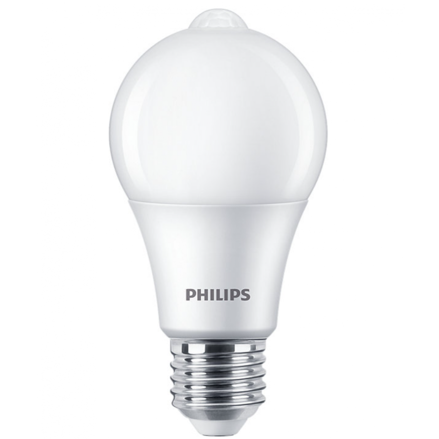 Bec Philips Led Senzor Miscare, Iluminare Alb Cald, Putere 8w (60w), 806 Lm, Temperatura 4000 K, 15000 H, E27, Forma De Para, A+, Alb