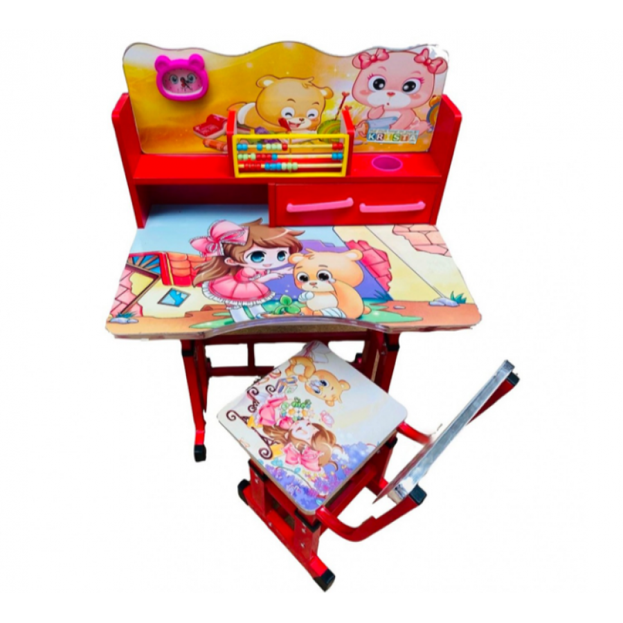 Birou Cu Scaun Pentru Copii Klausstech, Cadru Metalic, Blat Din Mdf, Suporta 30kg, 69x45x65 Cm, Model Animat, Usor De Instalat,  Rosu