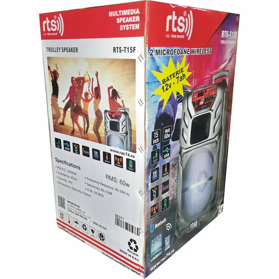 Boxa Activa Audio Rts Tip Troller , 1 Microfon Inclus , Marime Difuzor 15 Inch , Putere Rms 60 W , Conexiune Prin Bluetooth , Intrare Usb Si Interfata Sd Card , Led Display , Joc De Lumini Pe Woofere