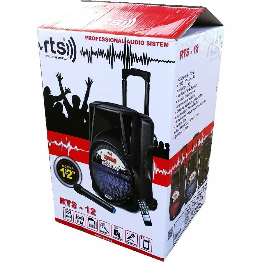 Boxa Audio Portabila Rts , Conectivitate Prin Functia Bluetooth , Afisaj Led , Port Usb , Tuner Tf , Radio Fm , Telecomanda Inclusa , Capacitate Baterie 2800 Ma , Negru