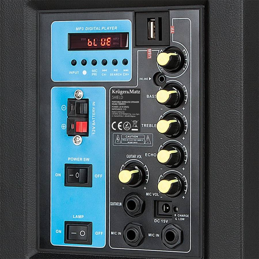 Boxa Portabila Wireless Kruger&matz, 20 W, Impedanta 3 Ohm, Difuzor 8 Inch, Microfon Si Telecomanda Incluse, Conectivitate Bluettoh, Aux In, Slot Sd Card, Raspuns In Frecventa 80 Hz - 20 Khz, Design Inovativ, Negru