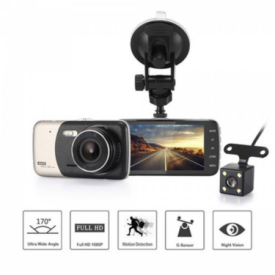 Camera Auto KlaussTech Dvr, Camera Dubla, 1080p Fullhd, G-senzor, Lentile Sony , Super Night Vision, Suport Prindere , 4 Inch Lcd, Unghi De Filmare 170 Grade, Inregistrare Ciclica ( Bucla , Looping ) , Negru/gri