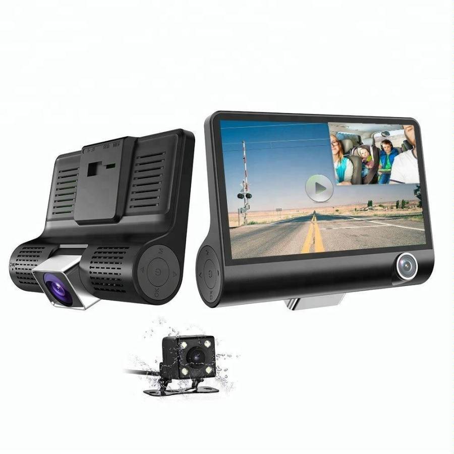 Camera Video Auto KlaussTech, Full-hd, 3 Camere - Fata/spate/interior, Display 4 Inch, G Senzor, 170 Grade