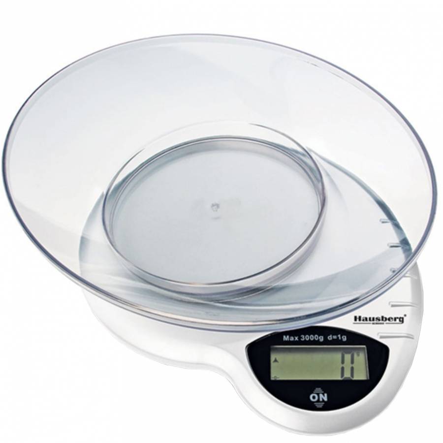 Cantar De Bucatarie Cu Bol Hausberg, Sarcina Maxima 3 Kg, Functie Tara, Oprire Automata, Design Modern, Alb