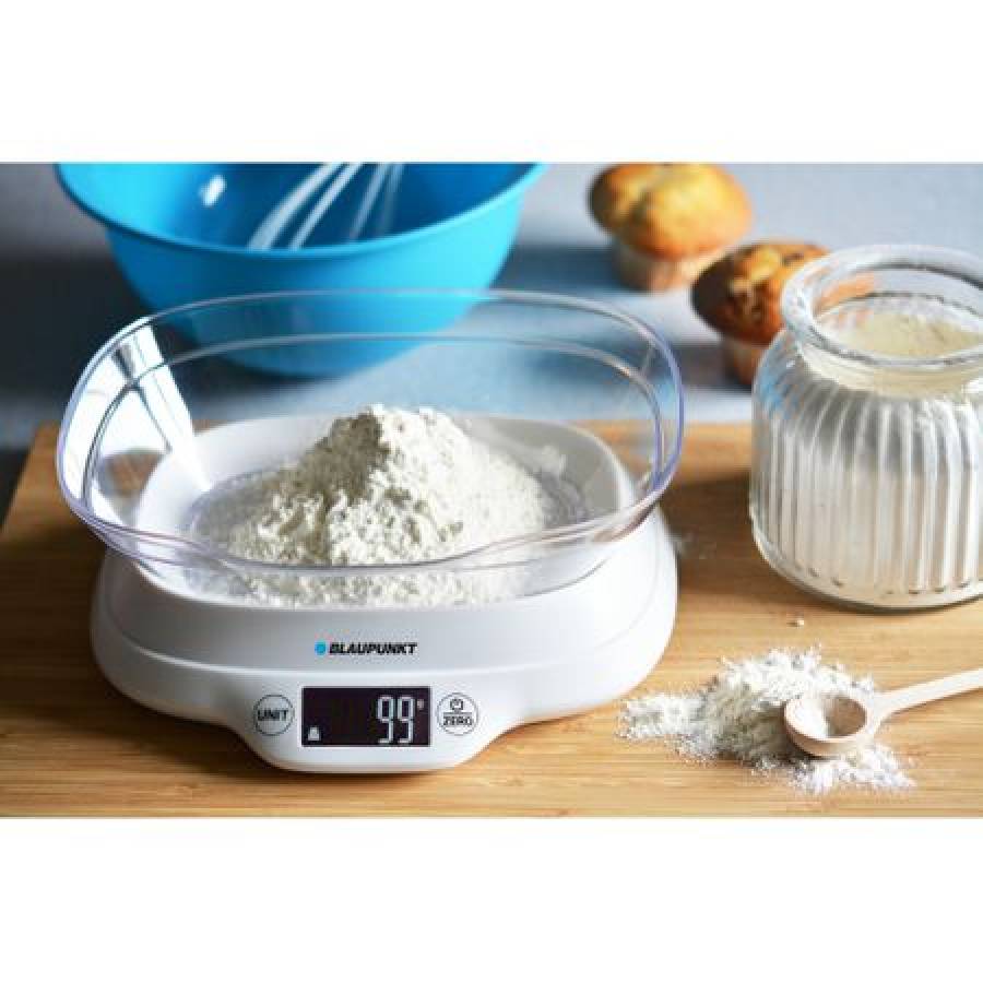 Cantar Electric De Bucatarie Blaupunkt , Vas De 1.2 L , Maxim 5 Kg , Diviziuni 1g, Calculeaza Volum Apa Si Lapte,functionare Cu 2 Baterii Aaa, Panou Control Cu Touch, Displaz , Culoare Alb