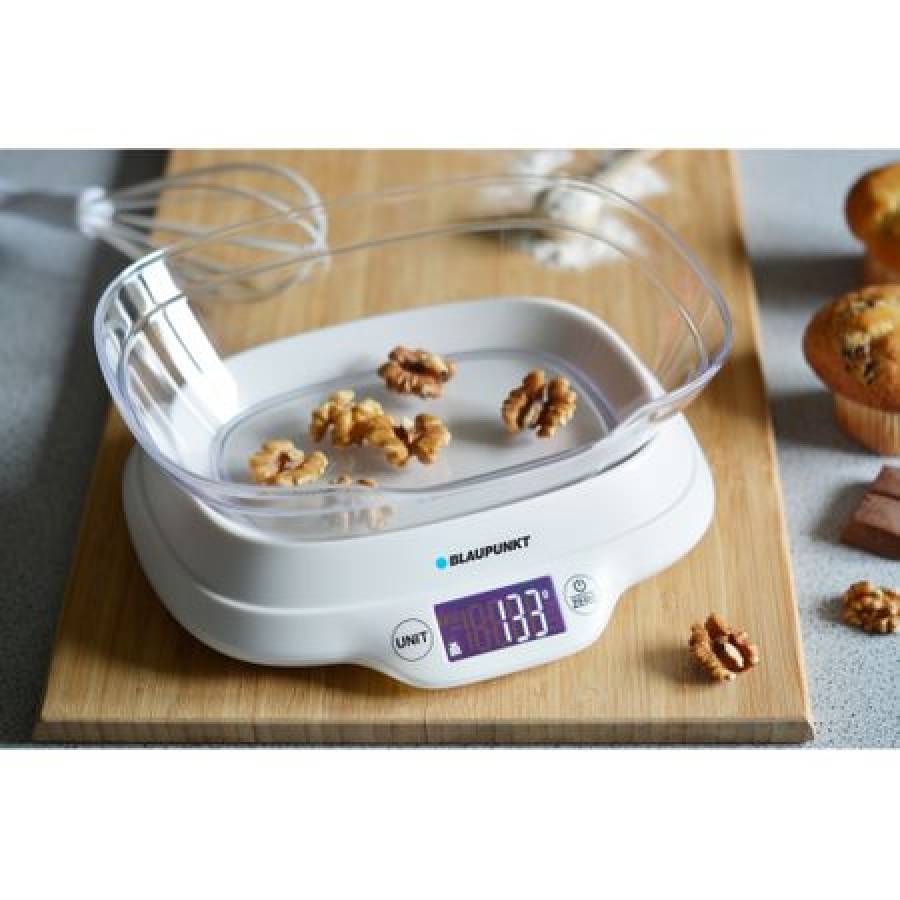 Cantar Electric De Bucatarie Blaupunkt , Vas De 1.2 L , Maxim 5 Kg , Diviziuni 1g, Calculeaza Volum Apa Si Lapte,functionare Cu 2 Baterii Aaa, Panou Control Cu Touch, Displaz , Culoare Alb