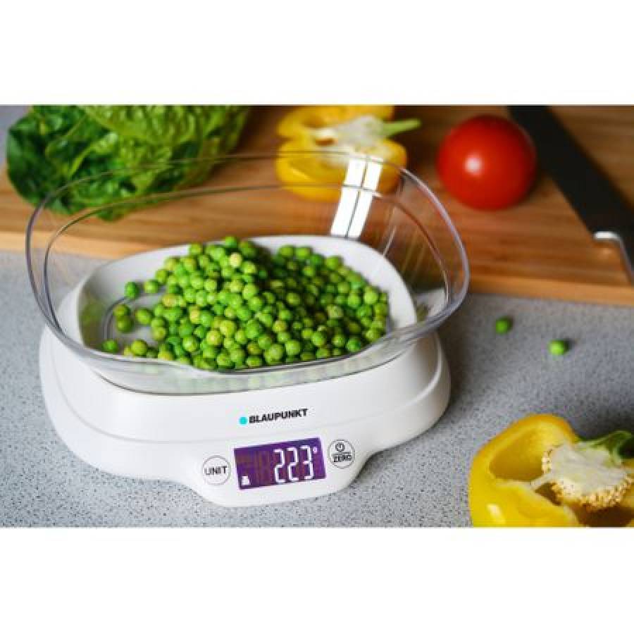 Cantar Electric De Bucatarie Blaupunkt , Vas De 1.2 L , Maxim 5 Kg , Diviziuni 1g, Calculeaza Volum Apa Si Lapte,functionare Cu 2 Baterii Aaa, Panou Control Cu Touch, Displaz , Culoare Alb