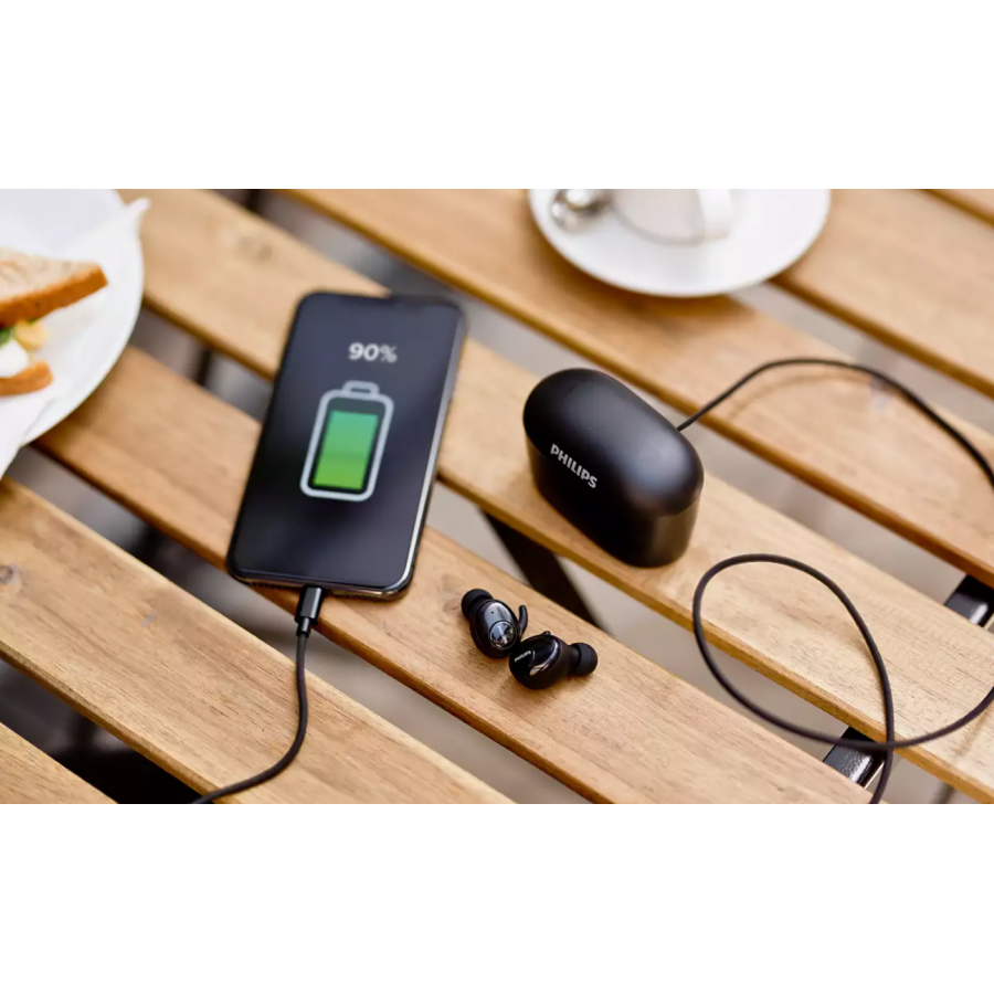 Casti Philips True Wireless Intraauriculare, Conexiune Prin Bluetooth 5.0, Difuzoare De 6mm, Design Inchis, Microfon Incorporat, Raza 10 M, Incarcare 2 H, Negru