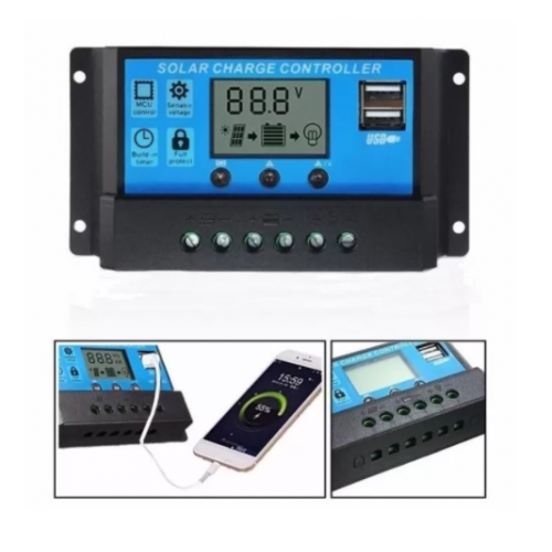 Controler Panou Solar Klausstech, 10a, 12v/24v, 2 X Usb, Display Lcd, Full Protect, Mcu Controll, Ergonomic, Usor, Albastru