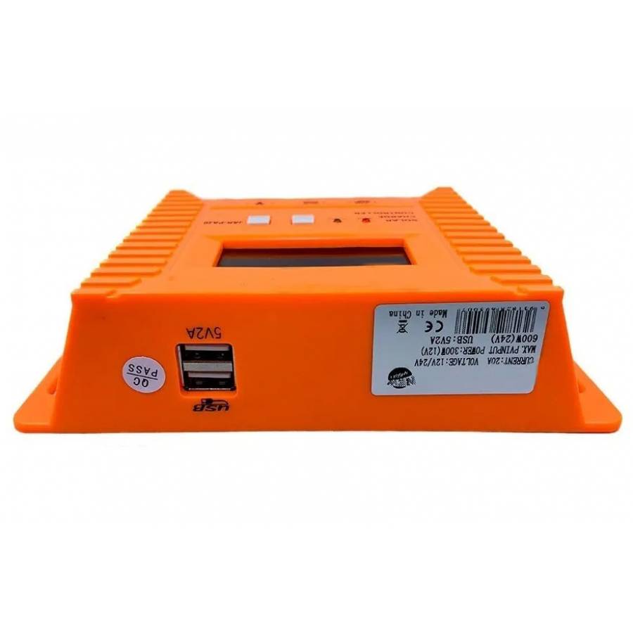 Controler Profesional Pentru Sistem Panou Solar Cu 20 A, 2 Porturi Usb, Functie Afisare Digitala, Display Lcd, Buton Menu, Buton On/off, Compact, Portocaliu